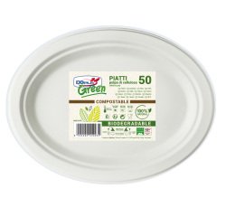 Piatto piano monouso - ovale - 26 x 19,5 cm - cellulosa - bianco - Dopla Green - conf. 50 pezzi
