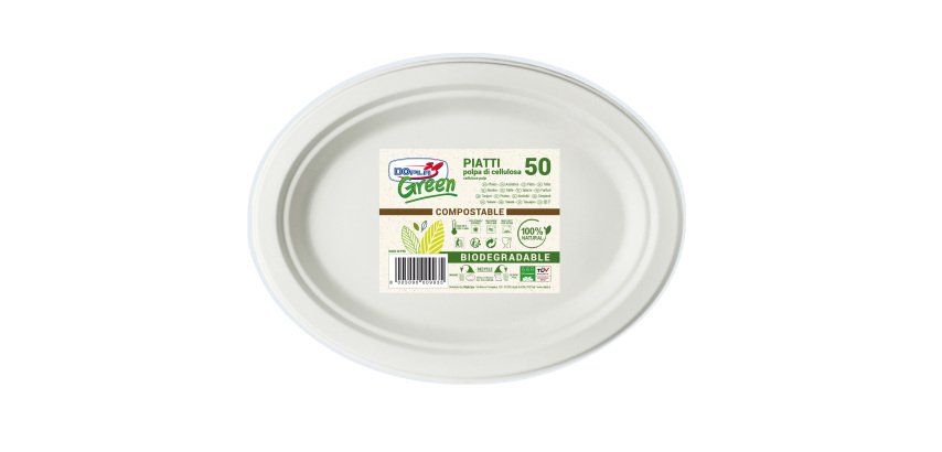 Piatto piano monouso - ovale midi - 19 x 25,4 cm - cellulosa - bianco - Dopla Green - conf. 50 pezzi