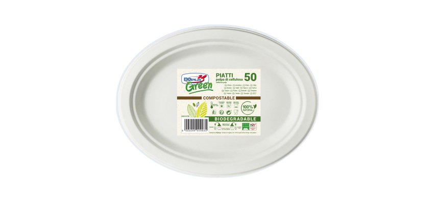 Piatto piano monouso - ovale - 26 x 19,5 cm - cellulosa - bianco - Dopla Green - conf. 50 pezzi