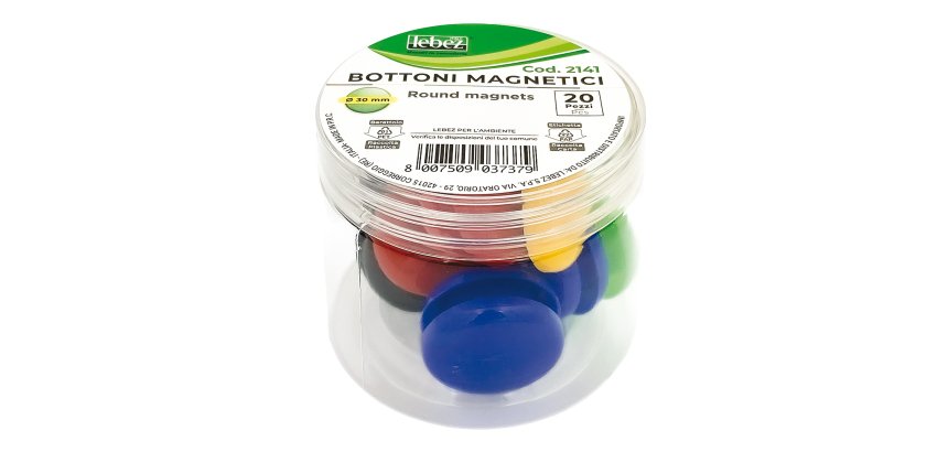Bottoni magnetici tondi - diametro 3 cm - colori assortiti - Lebez - barattolo da 20 pezzi