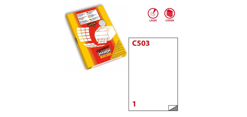 Etichette adesive C/503 - in poliestere - permanenti - 210 x 297 mm - 1 et/fg - 50 fogli - trasparente lucido - x laser - Markin