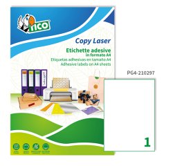 TICO Etichette adesive in carta bianca lucida 210x297mm, 1 etichette per foglio, adesivo permanente, laser, 100 fogli