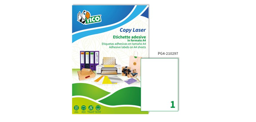 TICO Etichette adesive in carta bianca lucida 210x297mm, 1 etichette per foglio, adesivo permanente, laser, 100 fogli