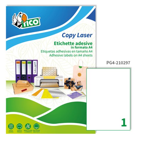 TICO Etichette adesive in carta bianca lucida 210x297mm, 1 etichette per foglio, adesivo permanente, laser, 100 fogli