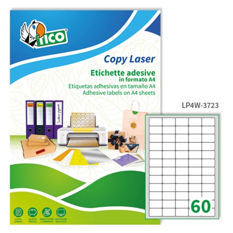 TICO Etichette adesive in carta bianca 37,5x23,5mm, 60 etichette per foglio A4, adesivo permanente, laser/inkjet, 100 fogli