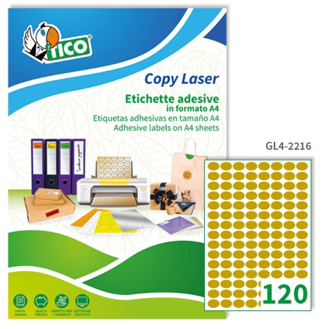 TICO Etichette adesive in carta oro 22x16mm, 120 etichette per foglio, adesivo permanente, laser / offset / serigrafica / tipografica, 100 fogli