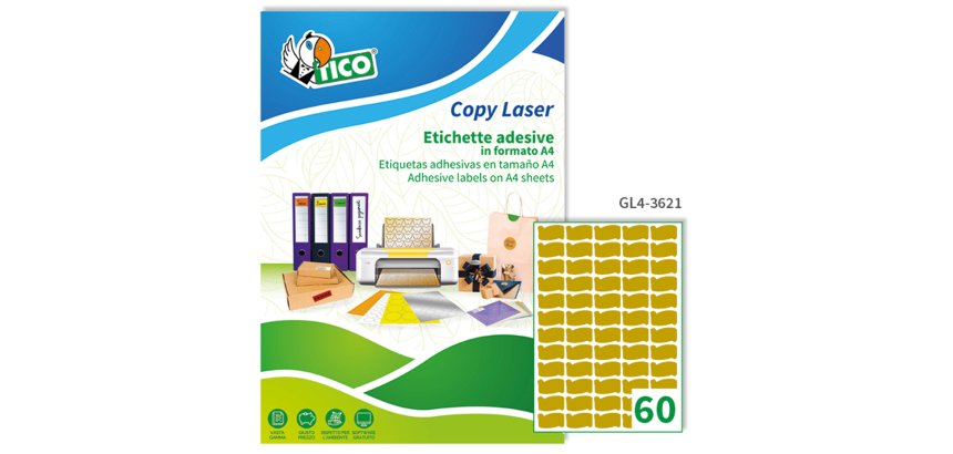TICO Etichette adesive in carta oro 36x21mm, forma pergamena, 60 etichette per foglio, adesivo permanente, laser / offset / serigrafica / tipografica, 100 fogli
