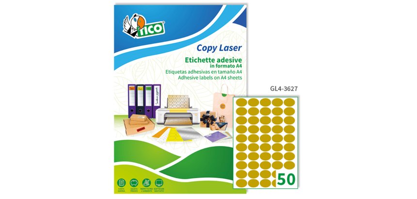 TICO Etichette adesive in carta oro 36x27mm, 50 etichette per foglio, adesivo permanente, laser / offset / serigrafica / tipografica, 100 fogli