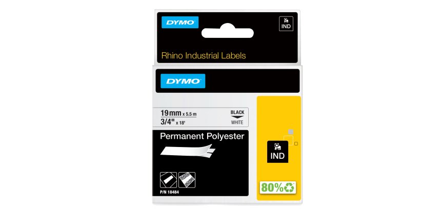 Nastro Rhino 18484 - 19 mm x 5,5 mt - poliestere permanente - nero/bianco - Dymo