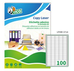 TICO Etichette adesive in carta bianca 37x14mm, 100 etichette per foglio A4, adesivo permanente, laser/inkjet, 100 fogli