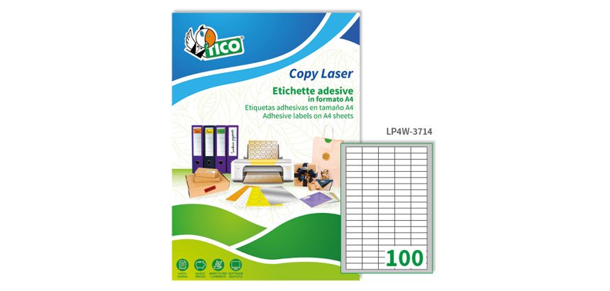 Etichette adesive LP4W - in carta - angoli arrotondati - permanenti - 37 x 14 mm - 100 et/fg - 100 fogli - bianco - Tico