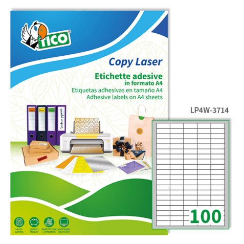 TICO Etichette adesive in carta bianca 37x14mm, 100 etichette per foglio A4, adesivo permanente, laser/inkjet, 100 fogli