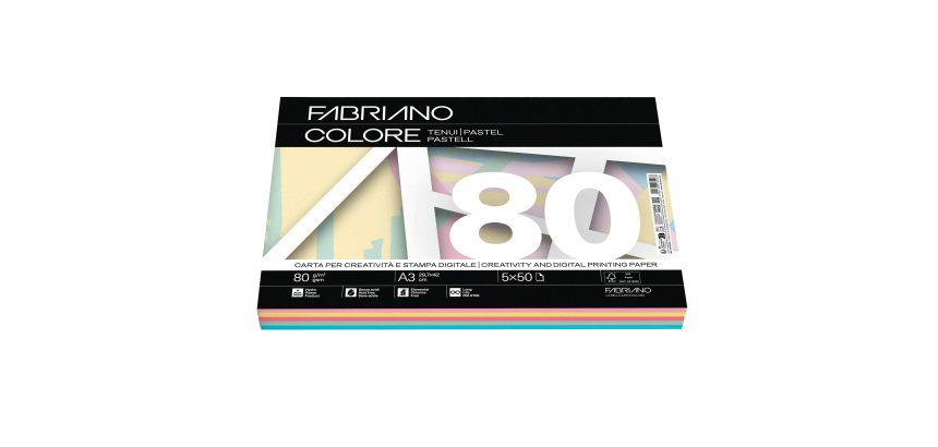 Carta Fabriano Colore - A3 - 80 gr - mix 5 colori tenui - Fabriano - conf. 250 fogli