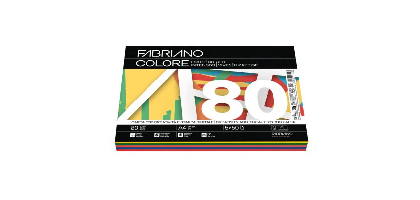 Carta Fabriano Colore - A4 - 80 gr - mix 5 colori forti - Fabriano - conf. 250 fogli