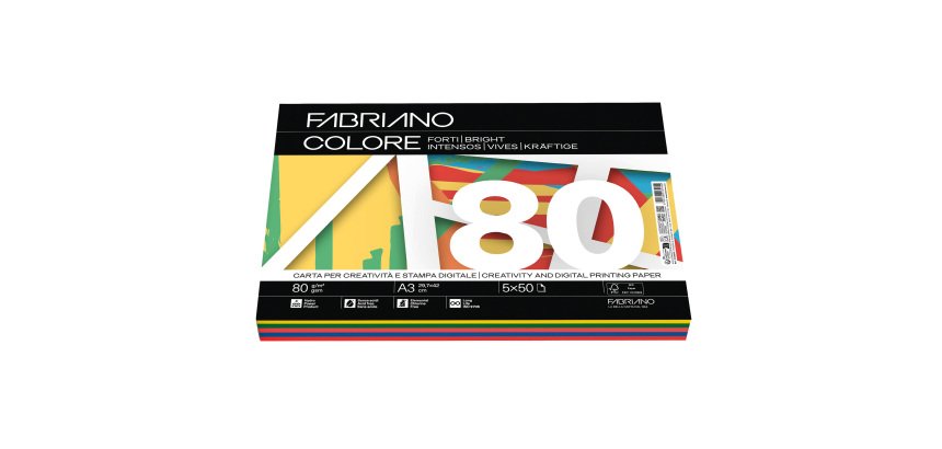 Carta Fabriano Colore - A3 - 80 gr - mix 5 colori forti - Fabriano - conf. 250 fogli