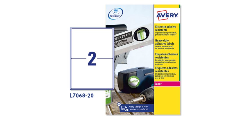 AVERY Etichette resistenti in poliestere bianco 199,6x143,5mm, 2 etichette per foglio, adesivo permanente, laser, 20 fogli
