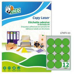 TICO Etichette adesive in carta fluorescente verde d. 63,5mm, 12 etichette per foglio, adesivo permanente, laser/inkjet, 70 fogli