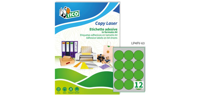 TICO Etichette adesive in carta fluorescente verde d. 63,5mm, 12 etichette per foglio, adesivo permanente, laser/inkjet, 70 fogli