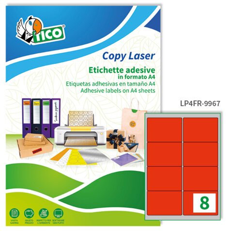 TICO Etichette adesive in carta fluorescente rossa 99,1x67,7mm, 8 etichette per foglio, adesivo permanente, laser/inkjet, 70 fogli