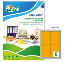 TICO Etichette adesive in carta fluorescente arancione 99,1x67,7mm, 8 etichette per foglio, adesivo permanente, laser/inkjet, 70 fogli