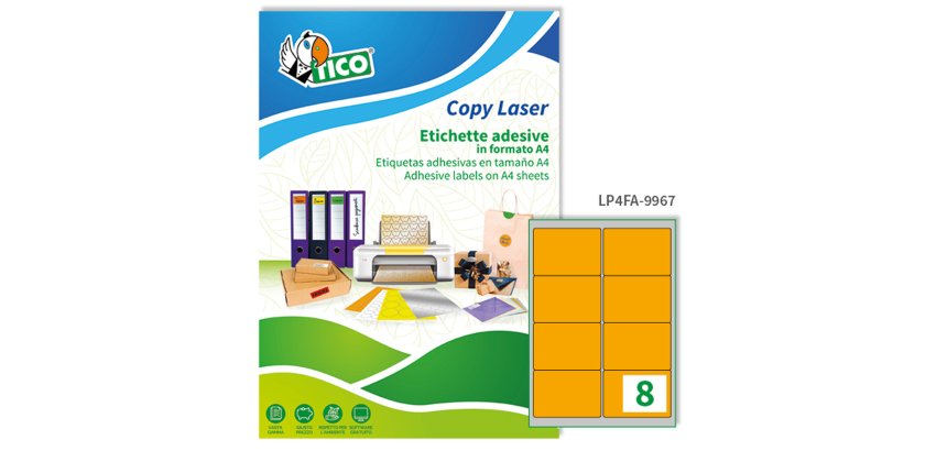 TICO Etichette adesive in carta fluorescente arancione 99,1x67,7mm, 8 etichette per foglio, adesivo permanente, laser/inkjet, 70 fogli