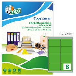 TICO Etichette adesive in carta fluorescente verde 99,1x67,7mm, 8 etichette per foglio, adesivo permanente, laser/inkjet, 70 fogli