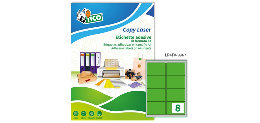 TICO Etichette adesive in carta fluorescente verde 99,1x67,7mm, 8 etichette per foglio, adesivo permanente, laser/inkjet, 70 fogli