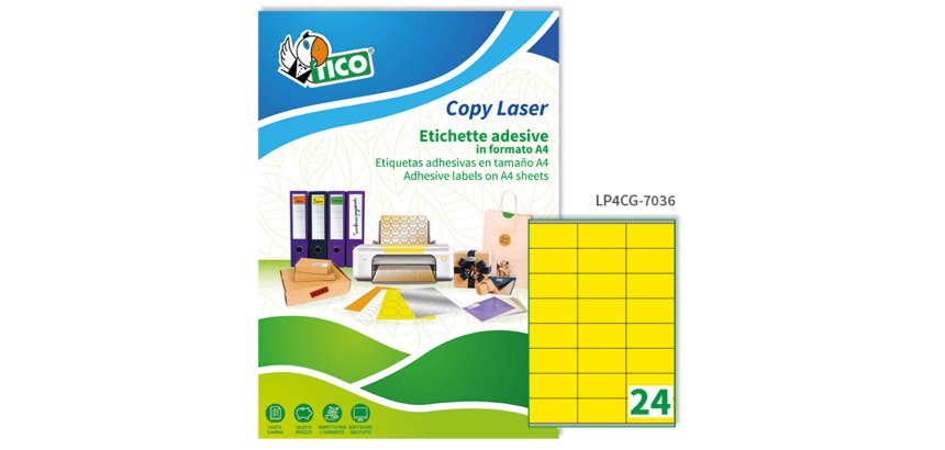 Etichette adesive LP4C - in carta - permanenti - 70 x 36 mm - 24 et/fg - 70 fogli - giallo opaco - Tico