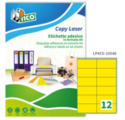 TICO Etichette adesive in carta gialla opaca 105x48mm, 12 etichette per foglio, adesivo permanente, laser/inkjet, 70 fogli
