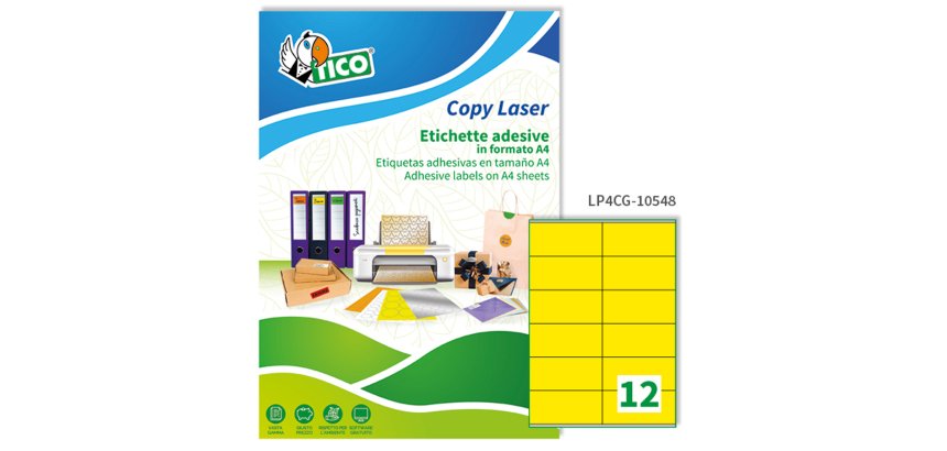 TICO Etichette adesive in carta gialla opaca 105x48mm, 12 etichette per foglio, adesivo permanente, laser/inkjet, 70 fogli