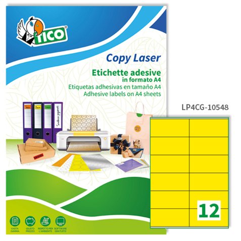 TICO Etichette adesive in carta gialla opaca 105x48mm, 12 etichette per foglio, adesivo permanente, laser/inkjet, 70 fogli