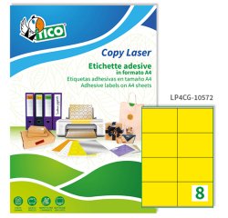 TICO Etichette adesive in carta gialla opaca 105x72mm, 8 etich per foglio, adesivo permanente, laser/inkjet, 70 fogli
