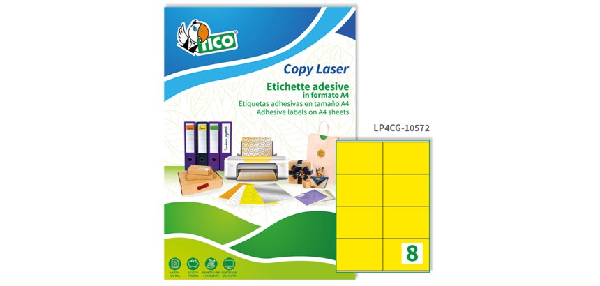 TICO Etichette adesive in carta gialla opaca 105x72mm, 8 etich per foglio, adesivo permanente, laser/inkjet, 70 fogli