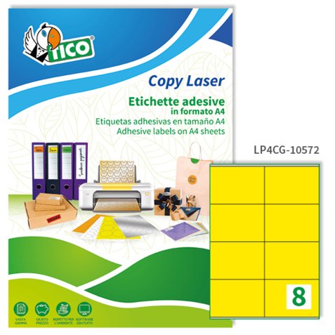 TICO Etichette adesive in carta gialla opaca 105x72mm, 8 etich per foglio, adesivo permanente, laser/inkjet, 70 fogli