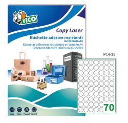 TICO Etichette adesive trasparenti lucide d. 25mm, 70 etichette per foglio, adesivo permanente, laser / offset / serigrafica / tipografica, 100 fogli