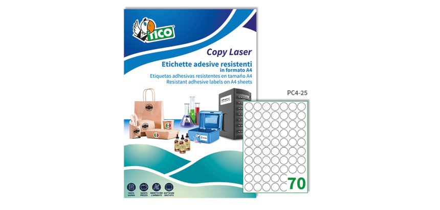 TICO Etichette adesive trasparenti lucide d. 25mm, 70 etichette per foglio, adesivo permanente, laser / offset / serigrafica / tipografica, 100 fogli