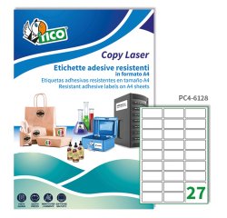 TICO Etichette adesive trasparenti lucide 61x28mm, 27 etichette per foglio, adesivo permanente, laser / offset / serigrafica / tipografica, 100 fogli