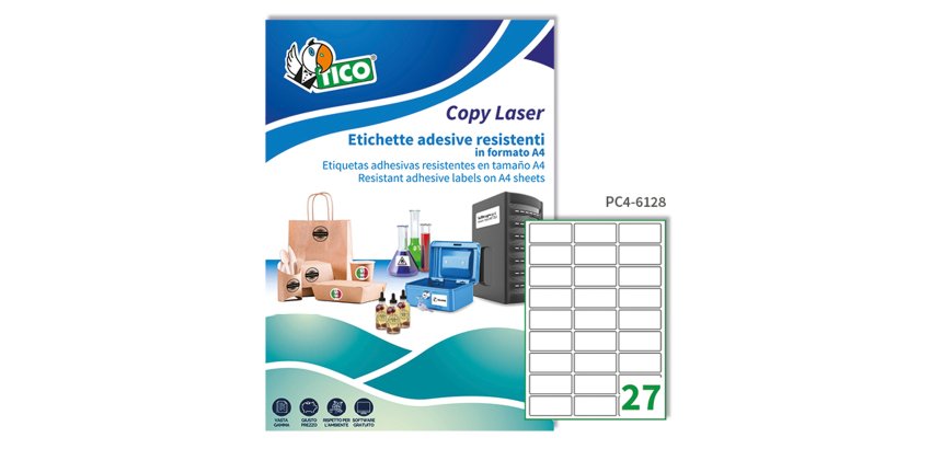TICO Etichette adesive trasparenti lucide 61x28mm, 27 etichette per foglio, adesivo permanente, laser / offset / serigrafica / tipografica, 100 fogli