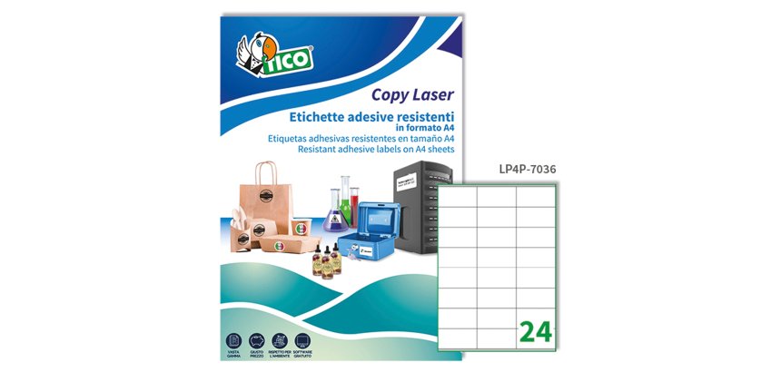 TICO Etichetta adesive in poliestere bianco 70x36mm, 24 etichette per foglio, adesivo permanente, laser / offset / serigrafica / tipografica, 70 fogli