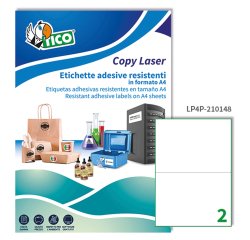 TICO Etichetta adesive in poliestere bianco 210x148mm, 2 etichette per foglio, adesivo permanente, laser / offset / serigrafica / tipografica, 70 fogli