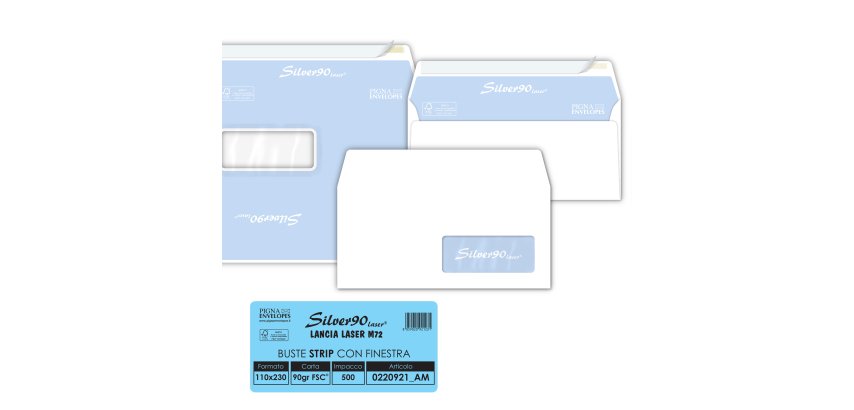 Busta Silver90 Strip Laser FSC - con finestra - internografata - 11 x 23 cm - 90 gr - bianco - Pigna Envelopes - conf. 500 pezzi