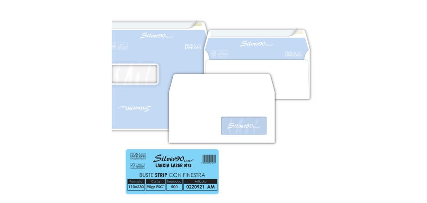 Busta Silver90 Strip Laser FSC - con finestra - internografata - 11 x 23 cm - 90 gr - bianco - Pigna Envelopes - conf. 500 pezzi