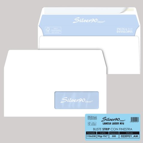 Busta Silver90 Strip Laser FSC - con finestra - internografata - 11 x 23 cm - 90 gr - bianco - Pigna Envelopes - conf. 500 pezzi