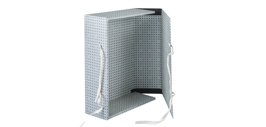 Scatola archivio in legno - con fettuccia - 38 x 27 cm - dorso 12 cm - grigio - Brefiocart