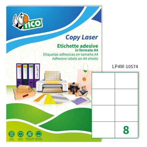 TICO Etichette adesive in carta bianca 105x74mm, 8 etichette per foglio A4, adesivo permanente, laser/inkjet, 100 fogli