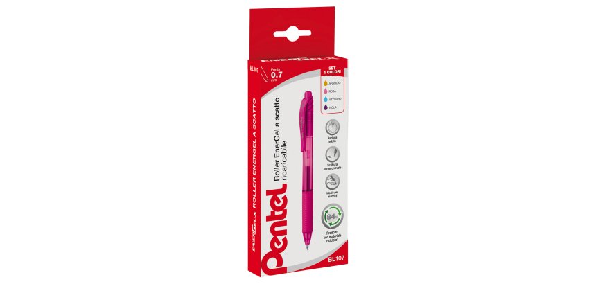 Roller a scatto Energel X BL 107  - punta 0,7mm - astuccio 4 colori assortiti - Pentel
