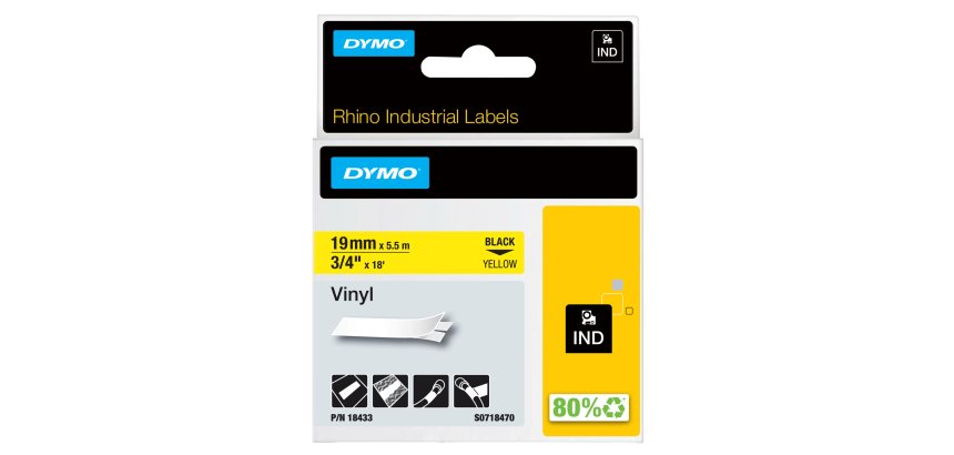 DYMO Rhino Industrial Vinyl Labels | 19 mm x 5.5 m | Black Print on Yellow | Self-Adhesive | for Rhino & LabelManager Label Makers