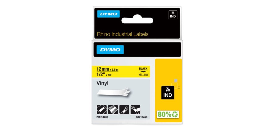 Nastro Rhino 18432 - 12 mm x 5,5 mt - vinile - permanente - nero/giallo - Dymo
