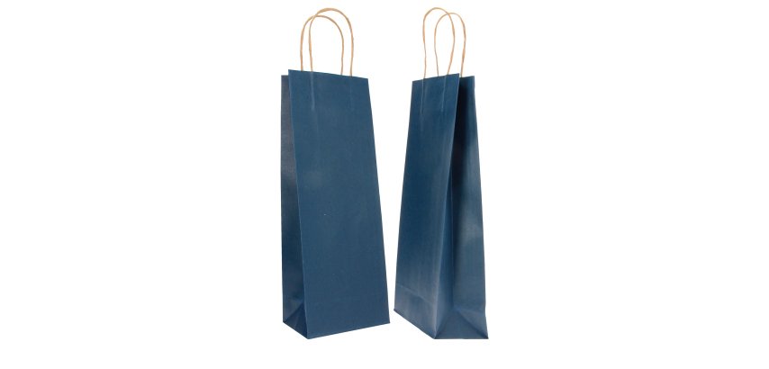 Portabottiglie BARBERA - maniglie cordino - 14 x 9 x 38 cm - carta biokraft - blu - Mainetti Bags - conf. 20 pezzi