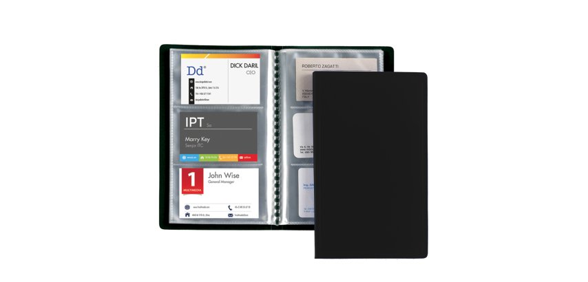 Porta biglietti da visita - 20 buste con 3 tasche ciascuna - 12,5x20,5 cm - nero - Favorit